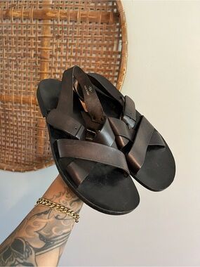 Paul Fredrick Black Leather Cross-Strap Men's Sandals